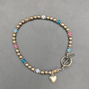 Vintage Sterling Silver Heart Charm Bracelet Swarovski Crystal Beads Toggle 7"